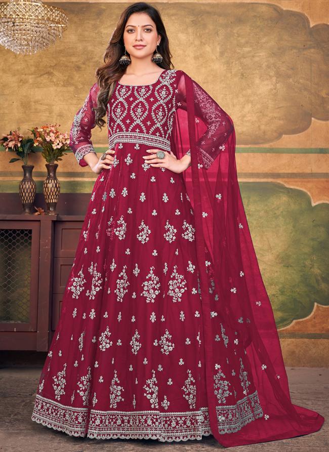 Net Red Wedding Wear Embroidery Work Gown With Dupatta